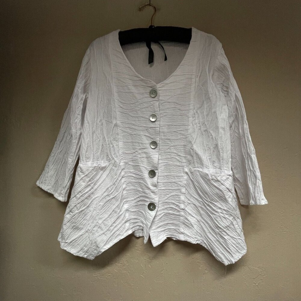 Linnea Womens Button-Front Textured Blouse Top Shirt Medium 3/4 Sleeve White USA